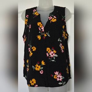 🐟🐟Old Navy Black and Yellow Floral V Neck Tank Size Large 100% Rayon